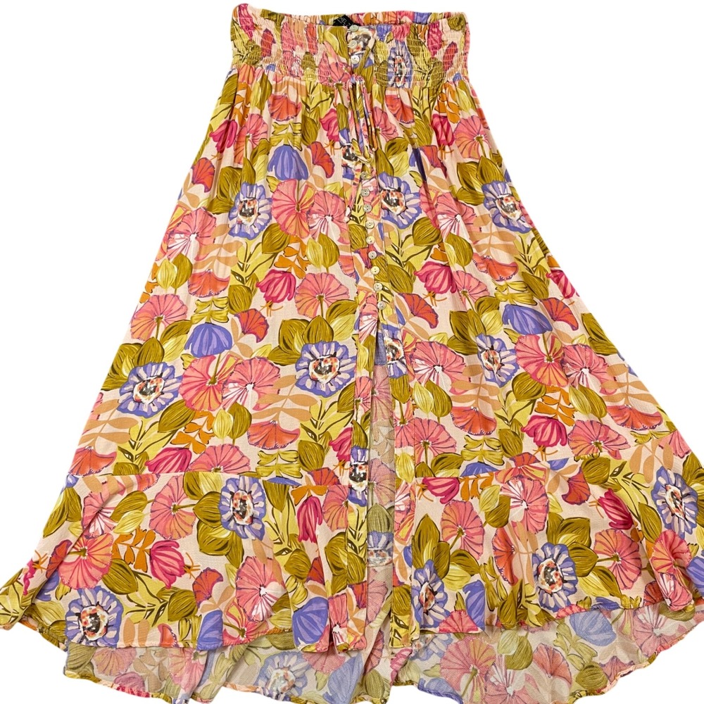 Rachel Zoe Floral Maxi Skirt L Smocked Waist Button Up Cottagecore Tropical